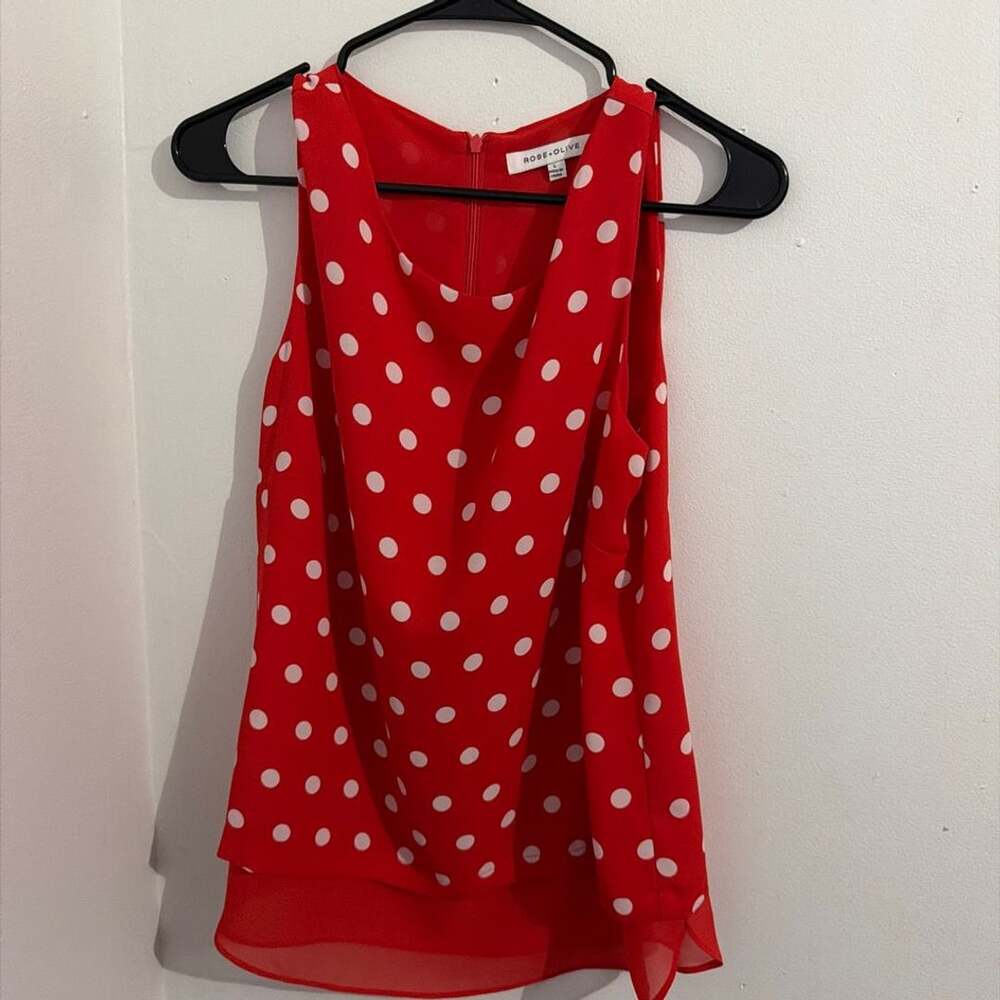 Rose + Olive Sleeveless Blouse Size L Red White Polka Dot